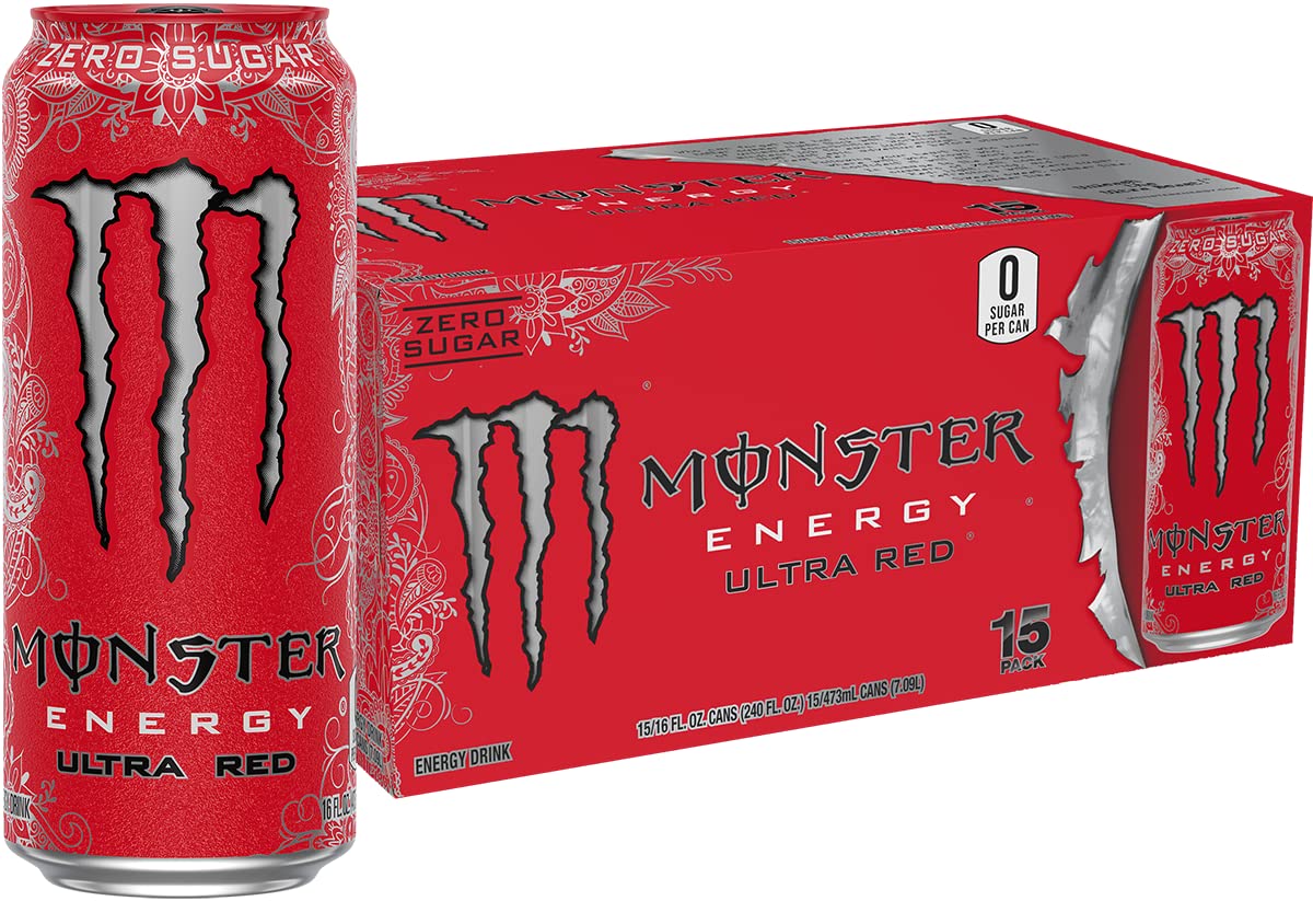Monster Ultra Red front can showing 16oz size and refreshing berry benefit