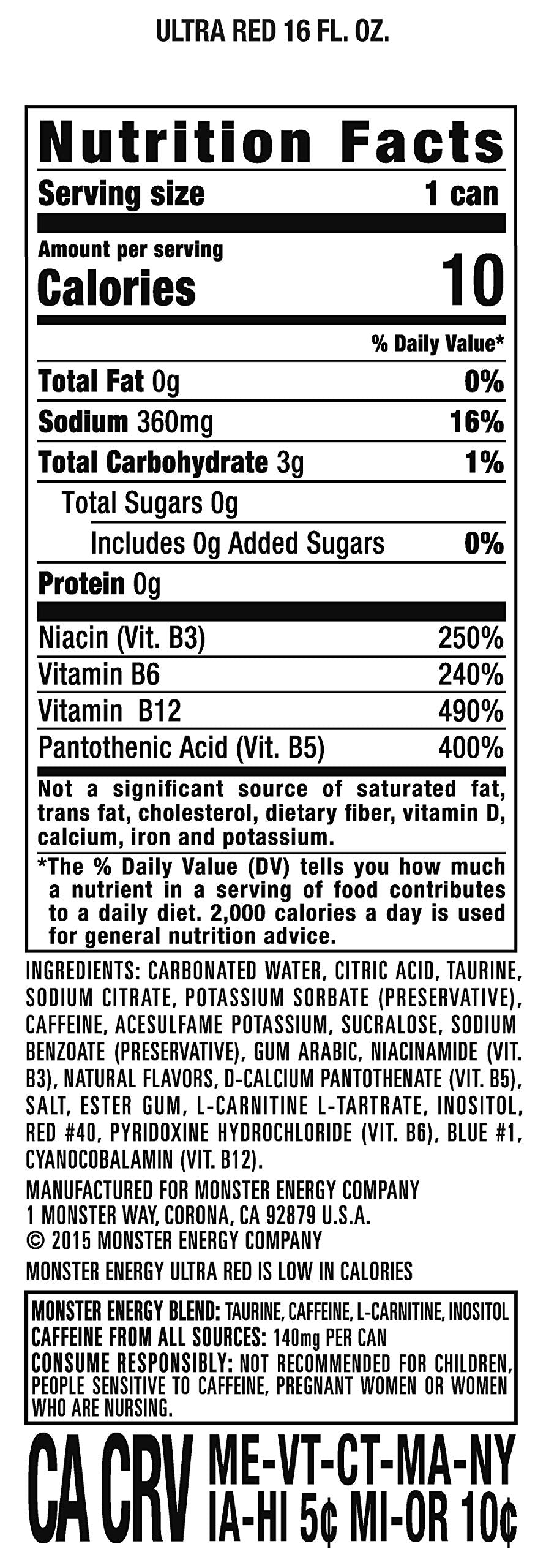 Monster Ultra Red label closeup highlighting ingredients and calorie info benefit