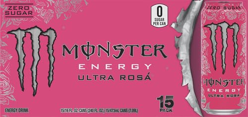 Monster Ultra Rosa can in hand for scale, shows 16-ounce convenience and portability