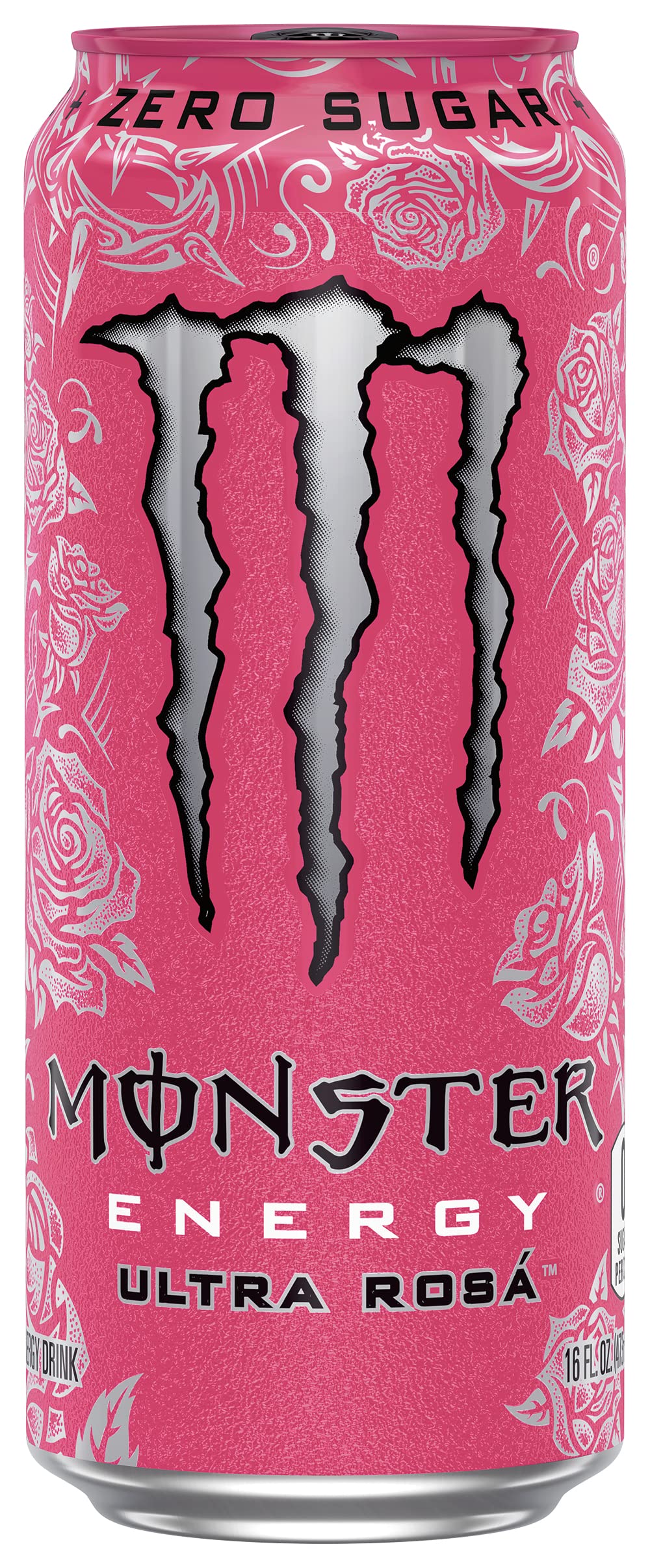 Monster Ultra Rosa open can with poured splash, demonstrates easy drinking refreshment