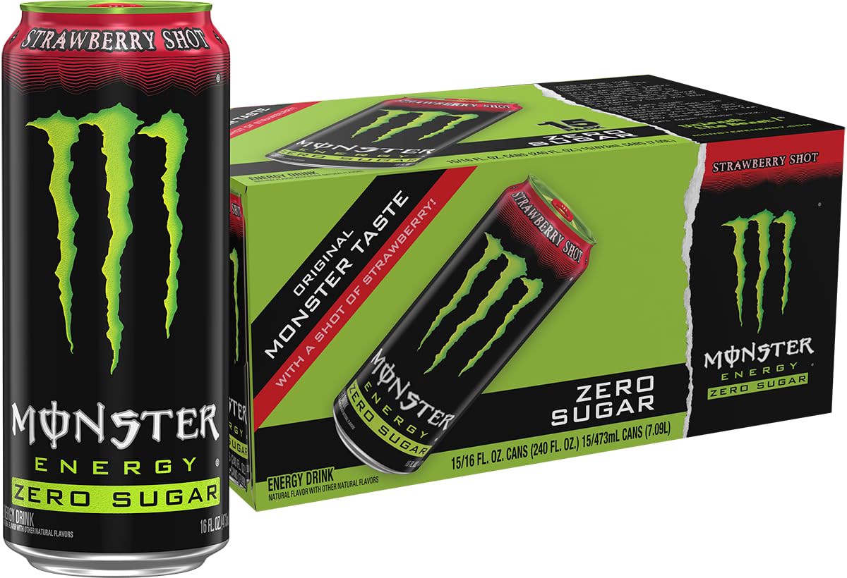 Monster Zero Sugar Strawberry front can showing label and bright design for easy identification