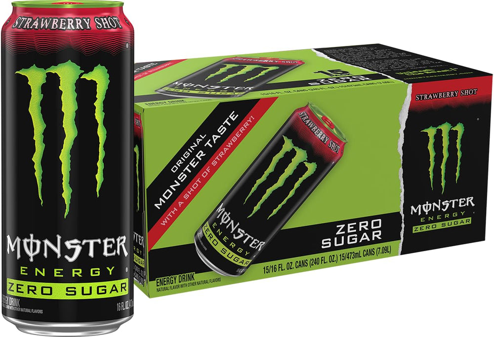 Monster Zero Sugar Strawberry front can showing label and bright design for easy identification