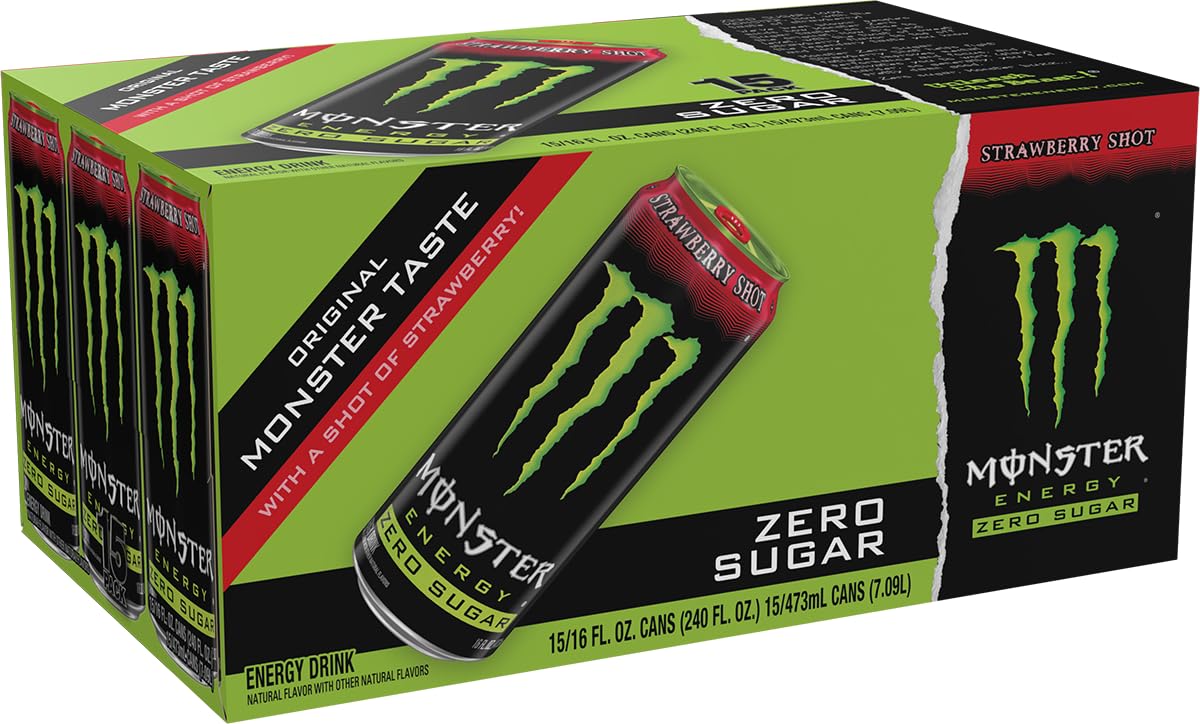 Monster Zero Sugar Strawberry can in hand to show 16-ounce scale and portable convenience