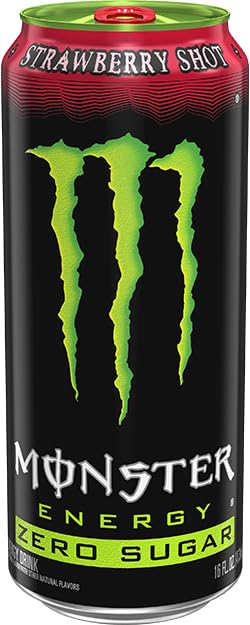 Monster Zero Sugar Strawberry can in outdoor setting suggesting energy boost for active moments