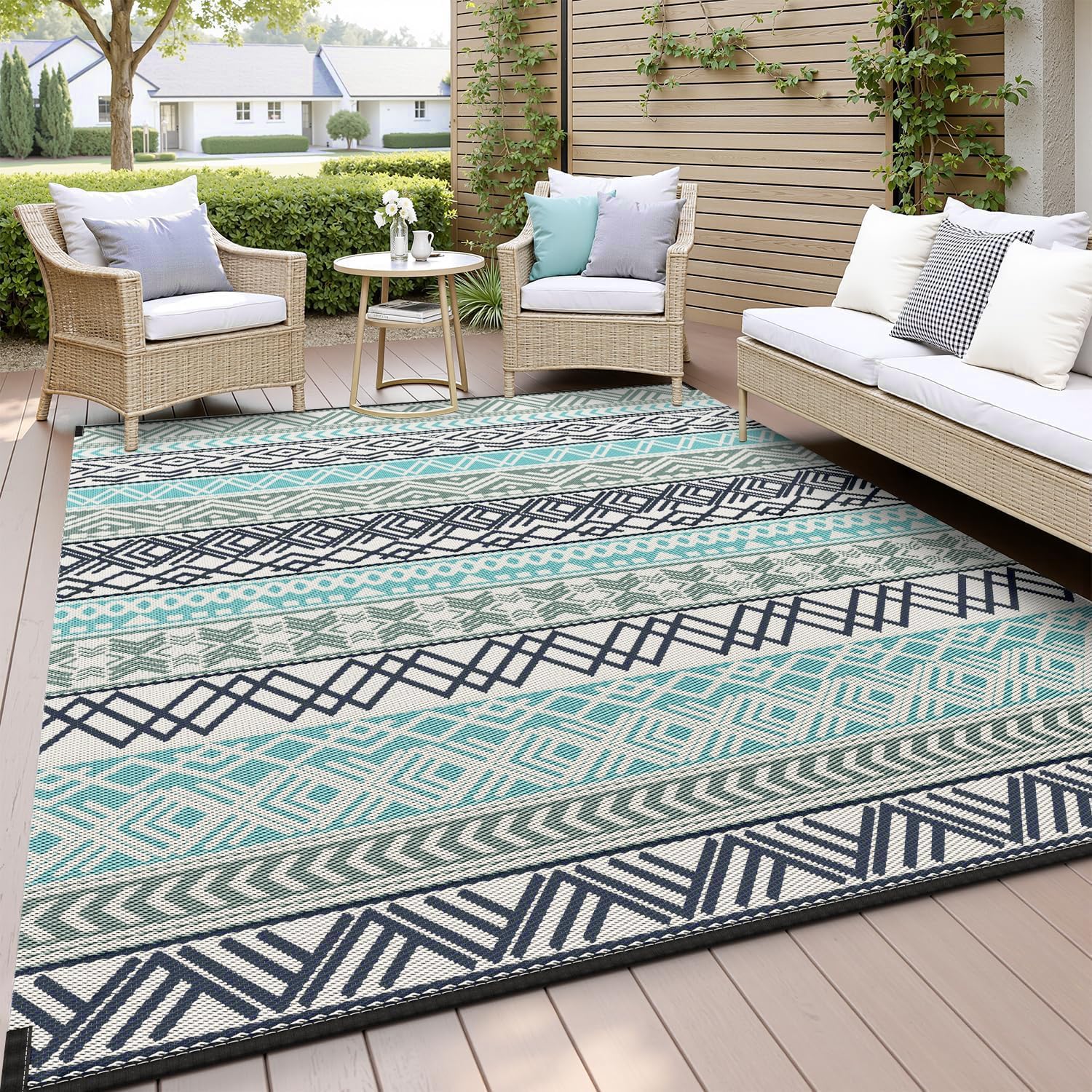 MontVoo front view of 5x8 outdoor rug showing full pattern and benefit of easy styling