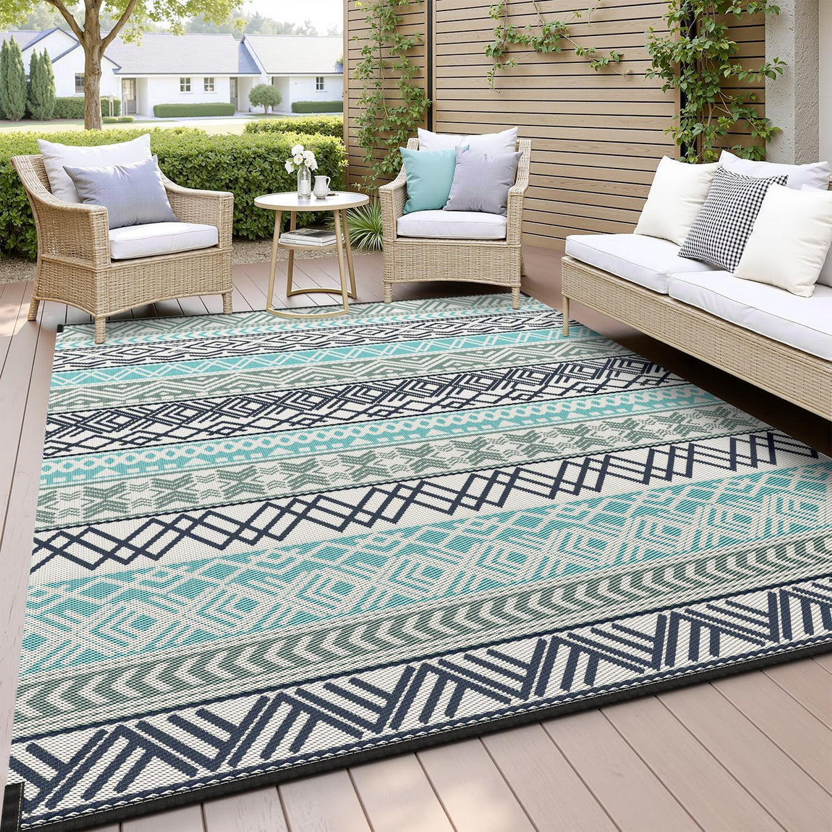 MontVoo front view of 5x8 outdoor rug showing full pattern and benefit of easy styling