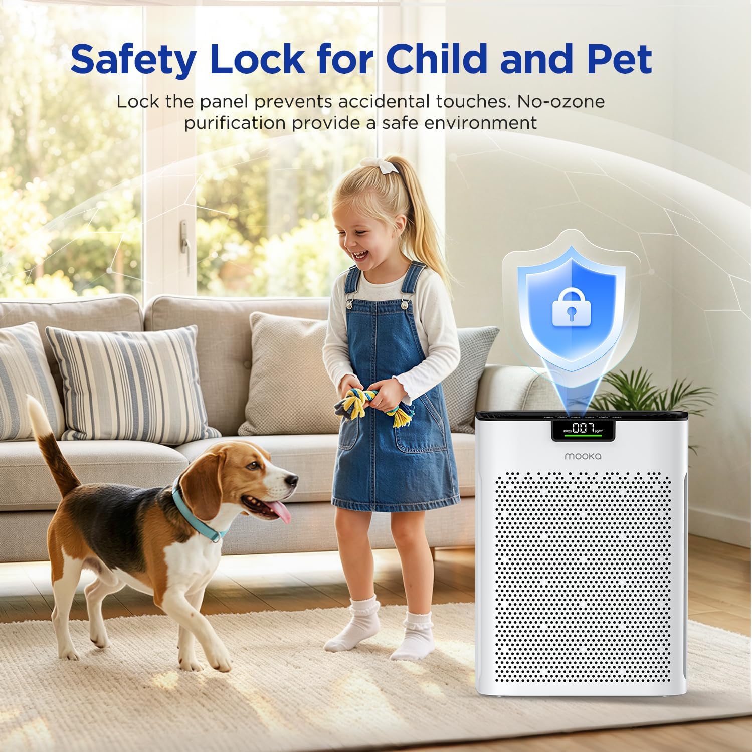 MOOKA in living room with dog showing pet-friendly odor control