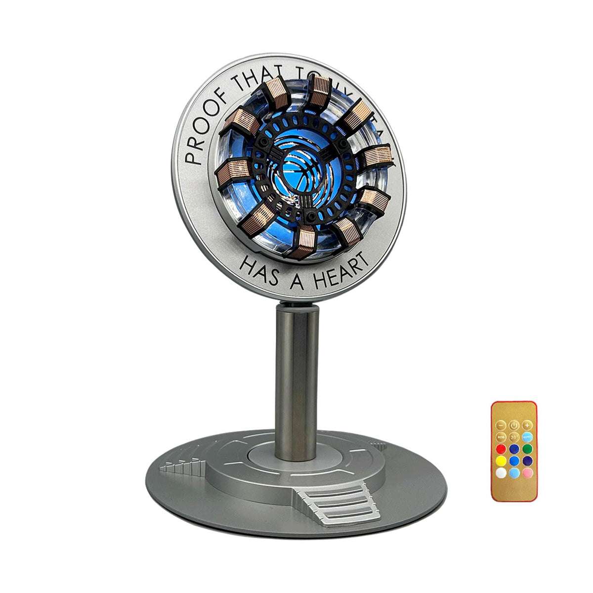 Moonacy front view showing arc reactor lamp and sleek display benefit: striking centerpiece