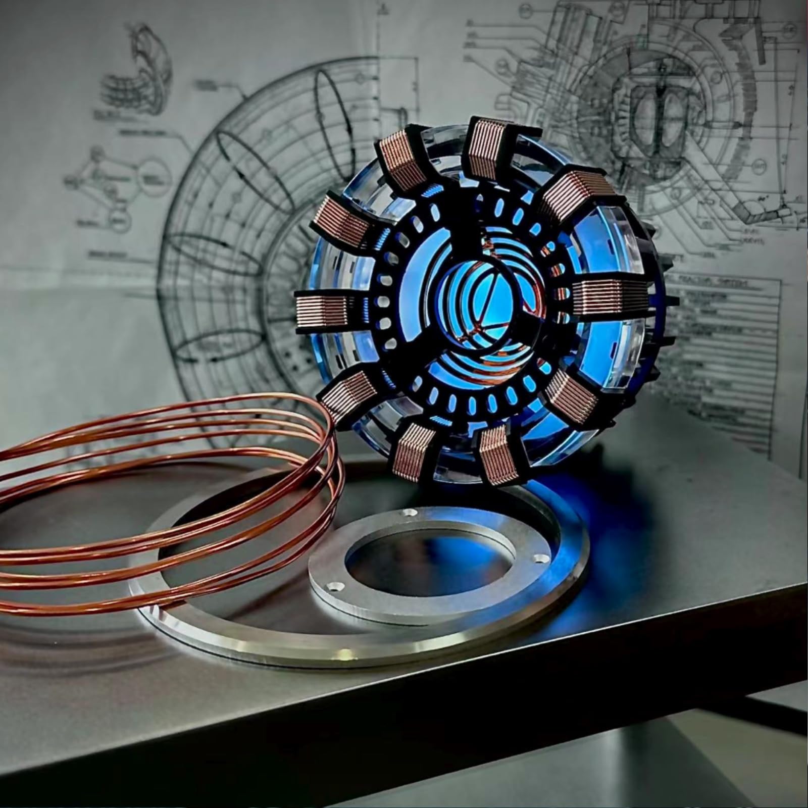 Moonacy arc reactor glowing on bedside table benefit: soothing ambient illumination