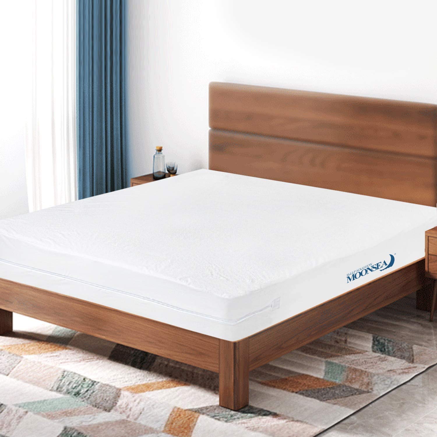 Moonsea lifestyle bedroom scene showing encasement enhancing mattress cleanliness and comfort