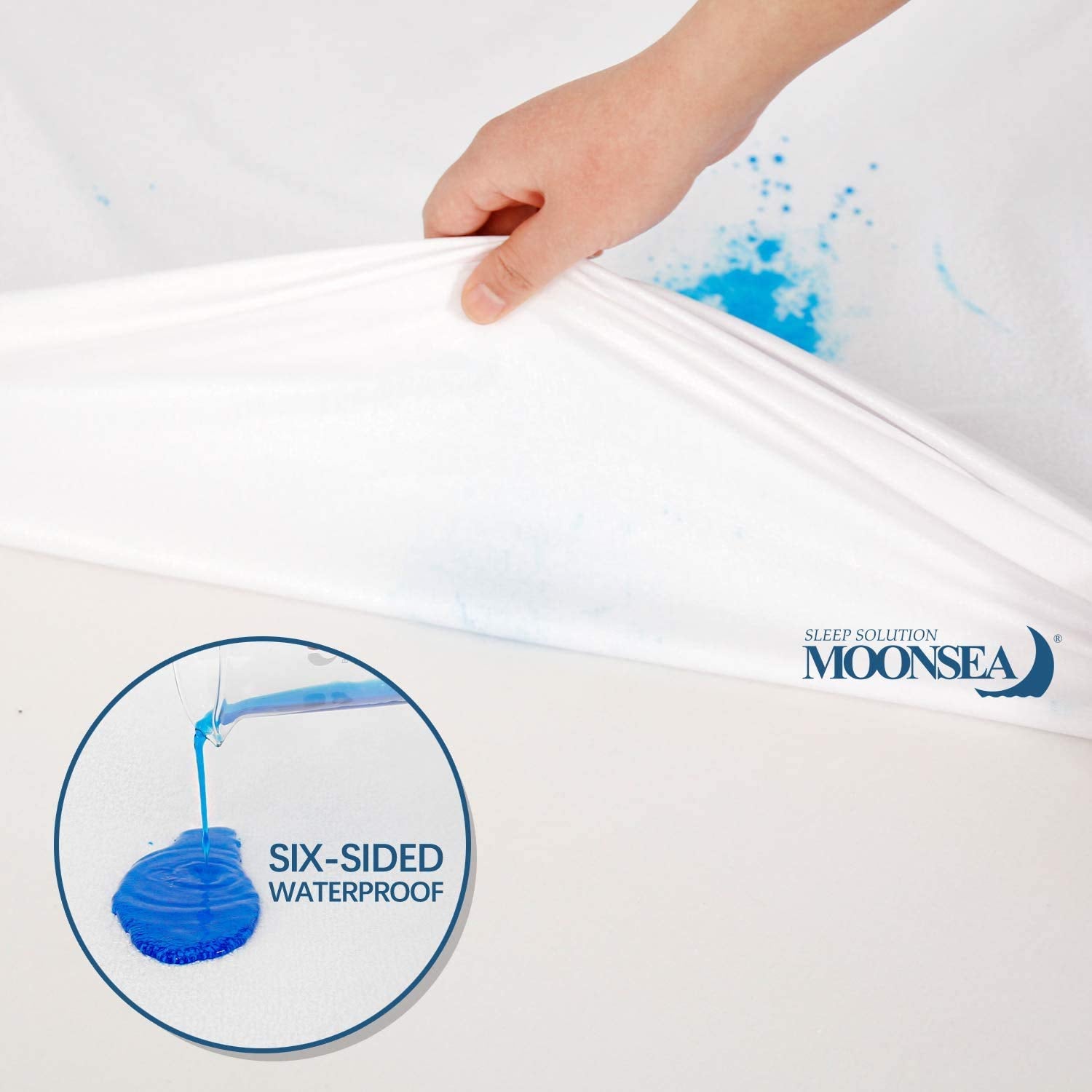 Moonsea protector installed on queen mattress illustrating true 60x80 fit and pocket depth