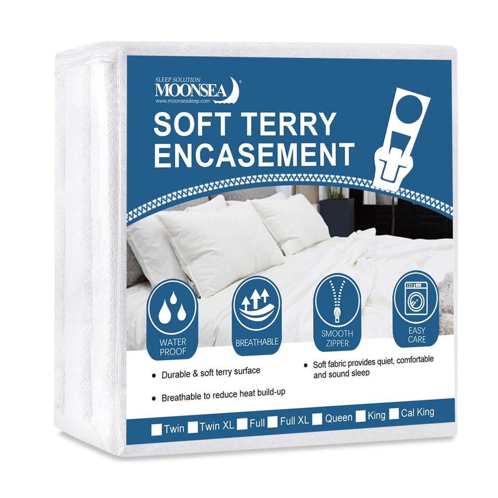 Moonsea front view of zippered encasement showing full-coverage protection and neat fit