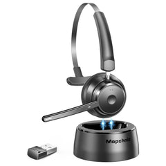 Mopchnic headset front view showing controls and sleek dark gray finish for professional use