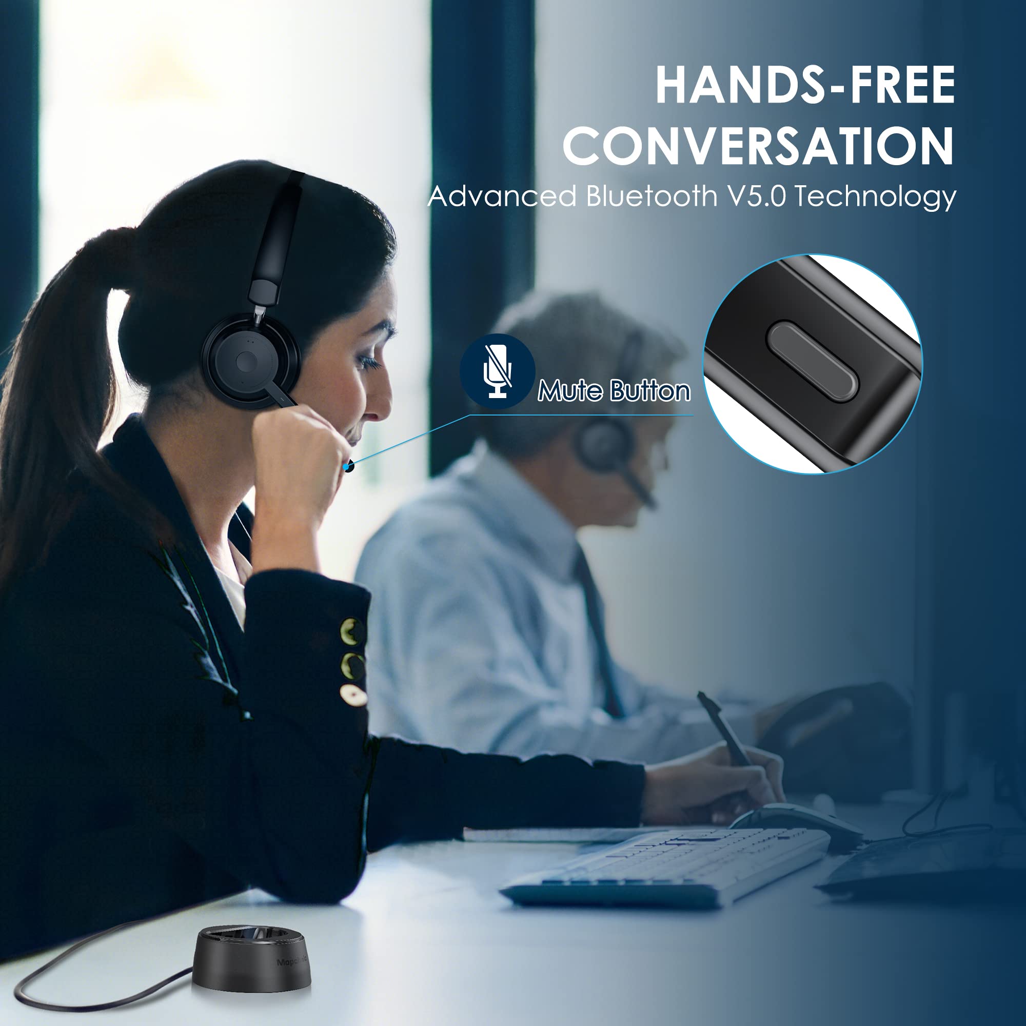 Mopchnic headset worn at a desk during video call showing reliable remote-work audio