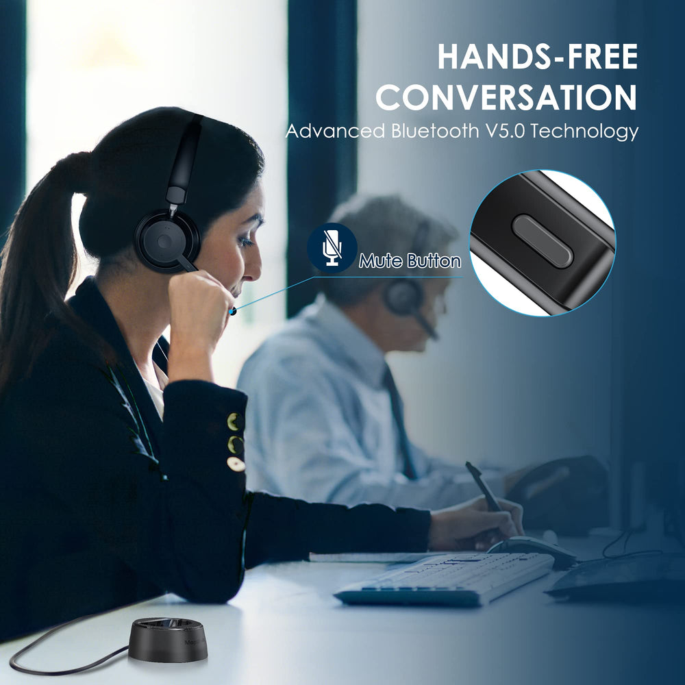 Mopchnic headset worn at a desk during video call showing reliable remote-work audio