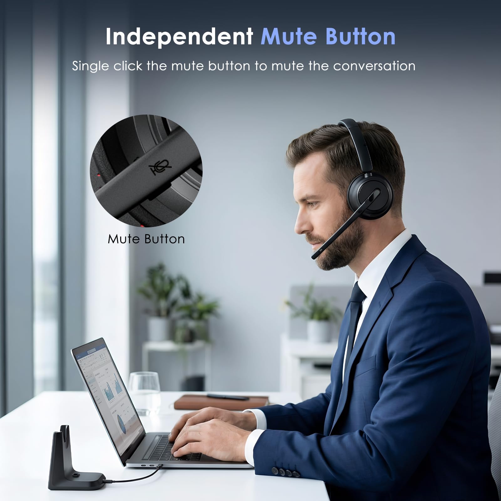 Mopchnic headset worn in office demonstrating clear voice pickup and focus