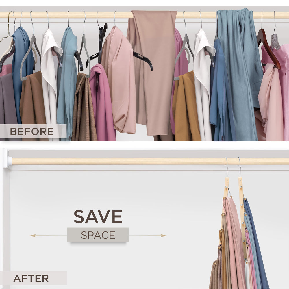 MORALVE hanger in closet holding pants and scarves to maximize space