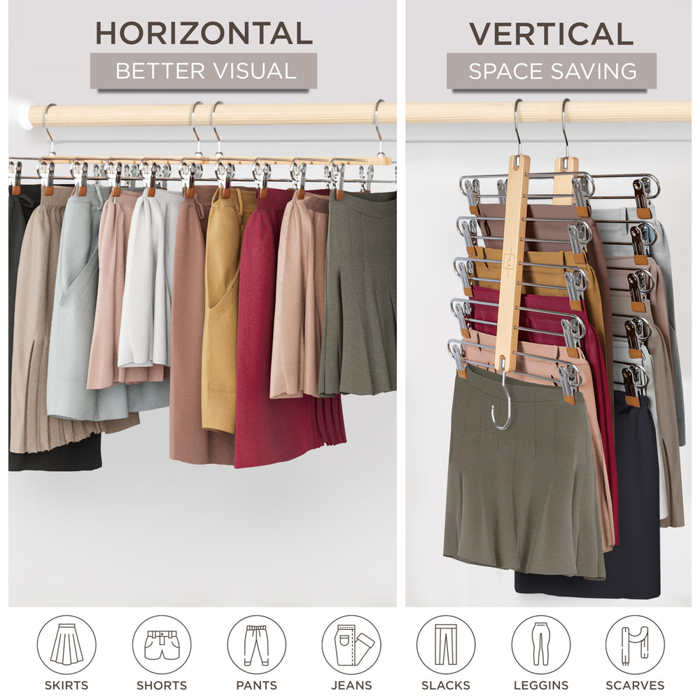 MORALVE hanger in vertical mode holding multiple skirts to save closet space benefit