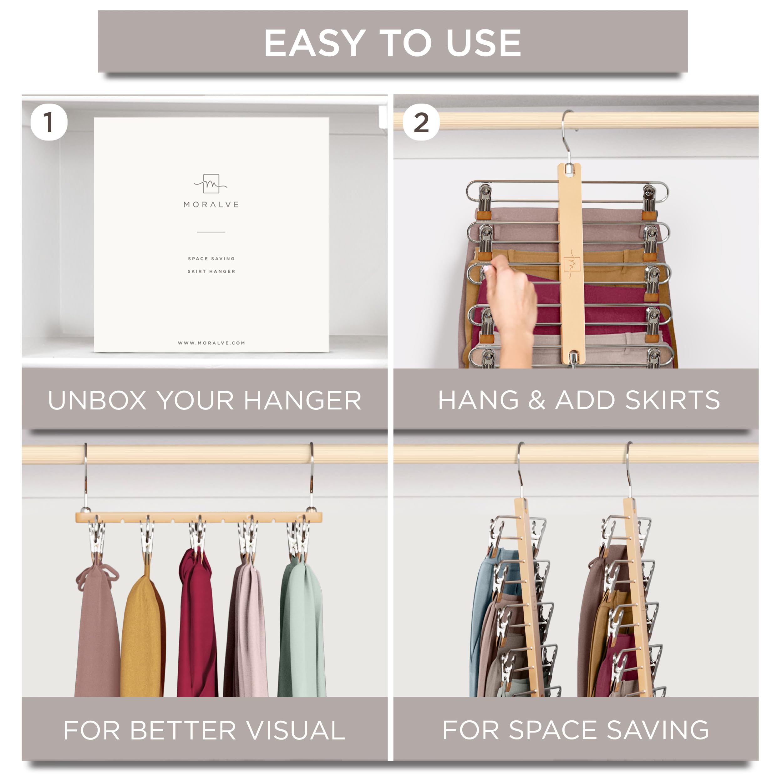 MORALVE hanger in a styled closet, showing organized space and neat presentation benefit