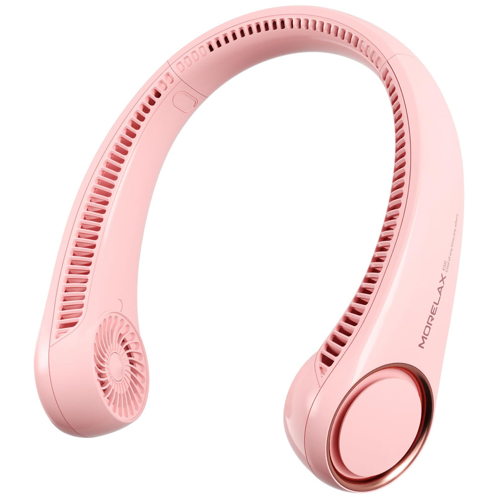 Morelax neck fan front view showing pink finish and hands-free benefit