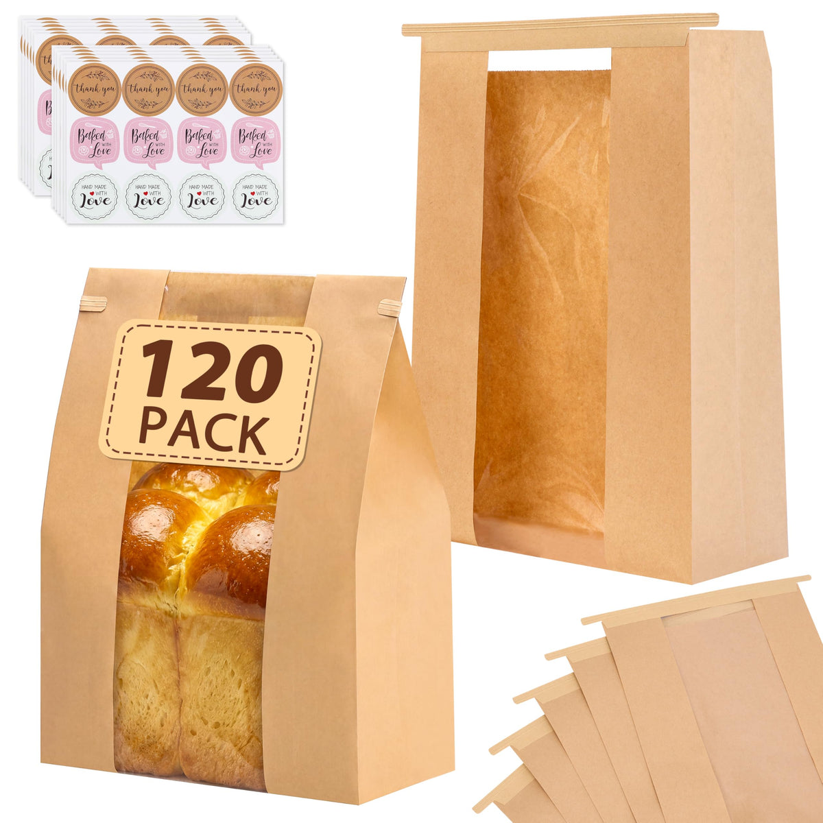 Moretoes front view showing kraft bag and clear window for attractive display