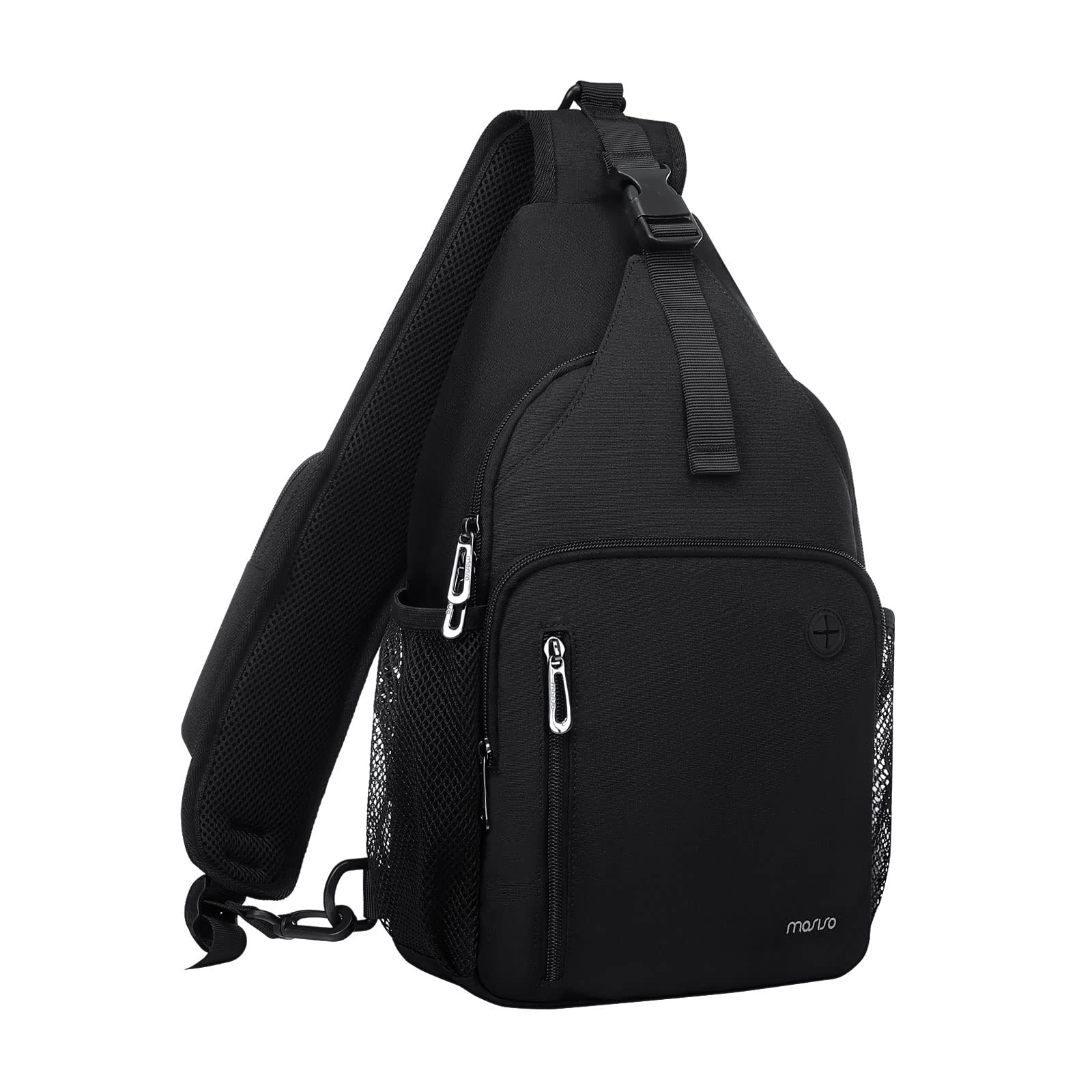 MOSISO front view of sling backpack showing organized pockets and quick access