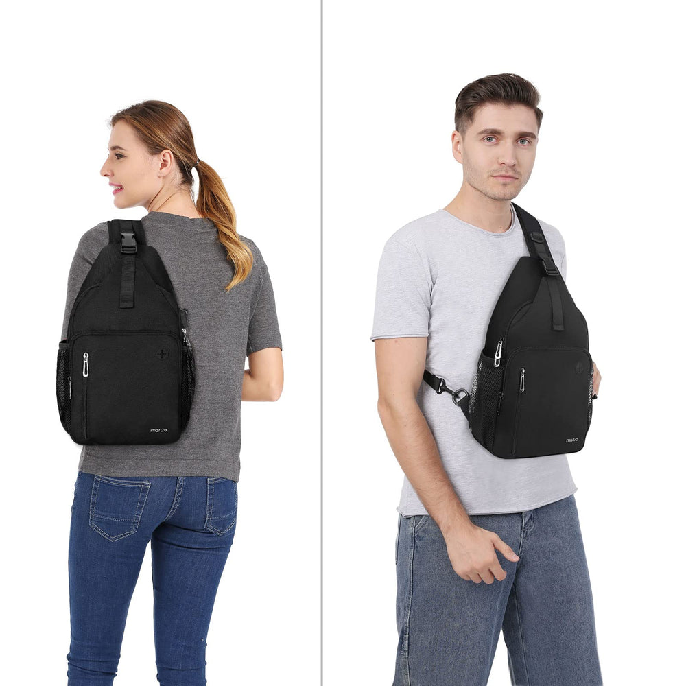 MOSISO lifestyle photo of sling bag worn during commute offering hands-free convenience