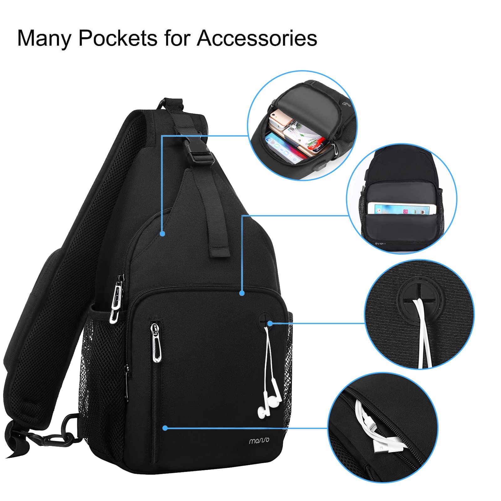 MOSISO close-up of shoulder strap phone pouch for instant phone access