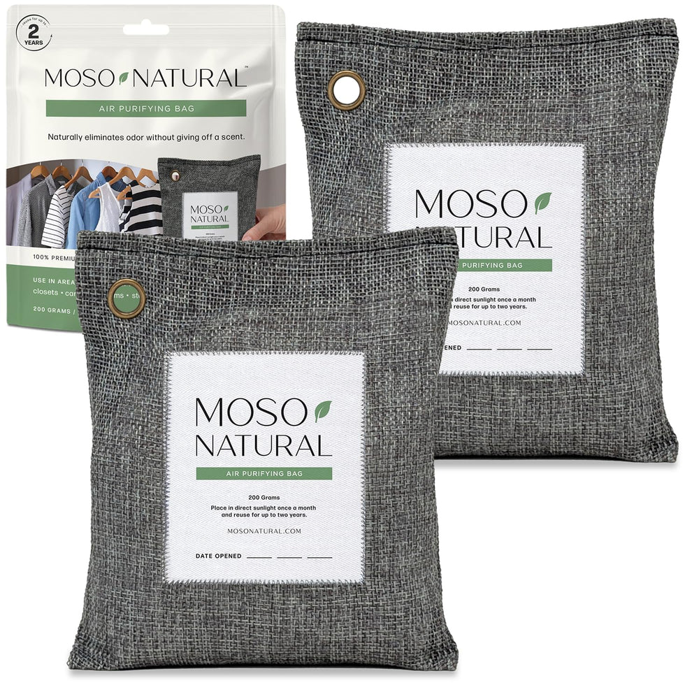MOSO NATURAL front packaging showing two charcoal bags and benefits