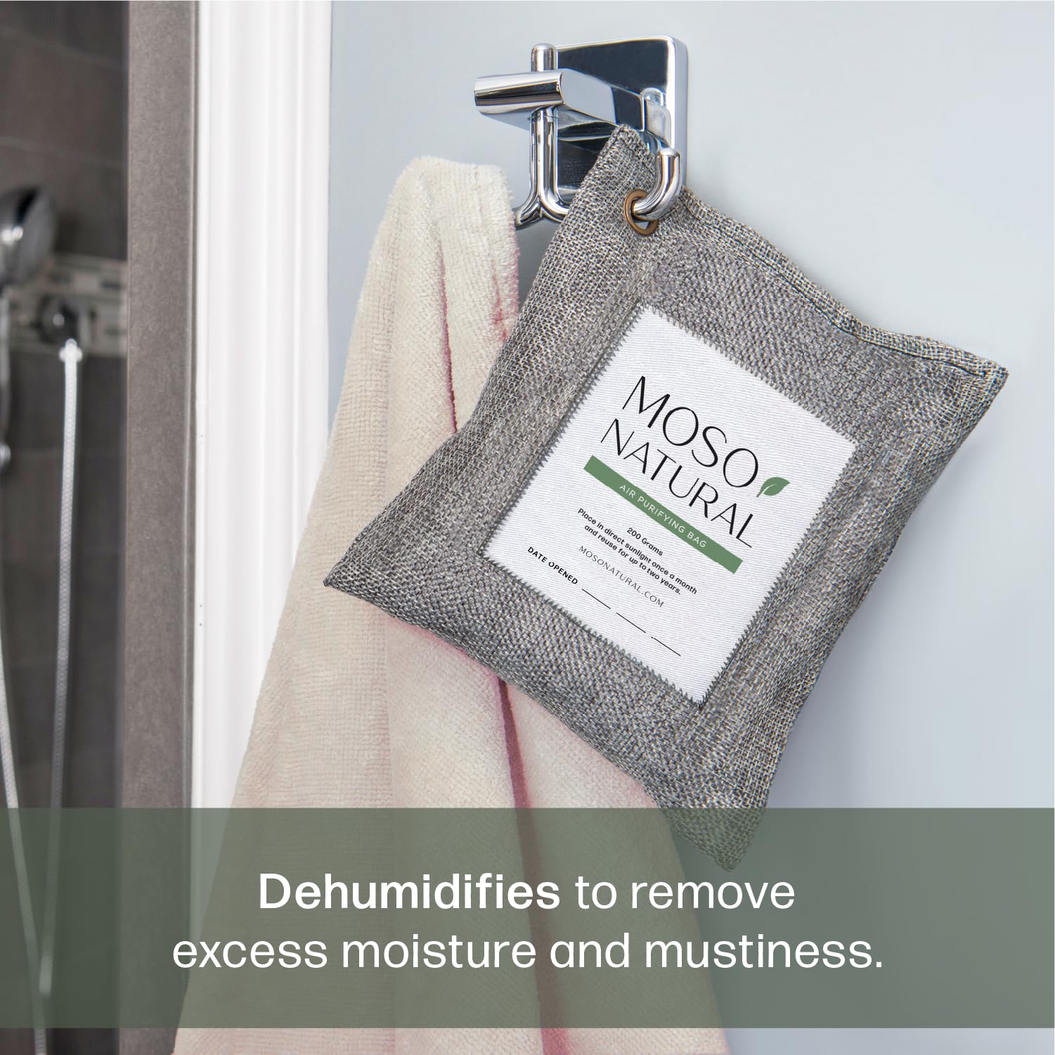 MOSO NATURAL label and reinforced grommet detail for easy hanging