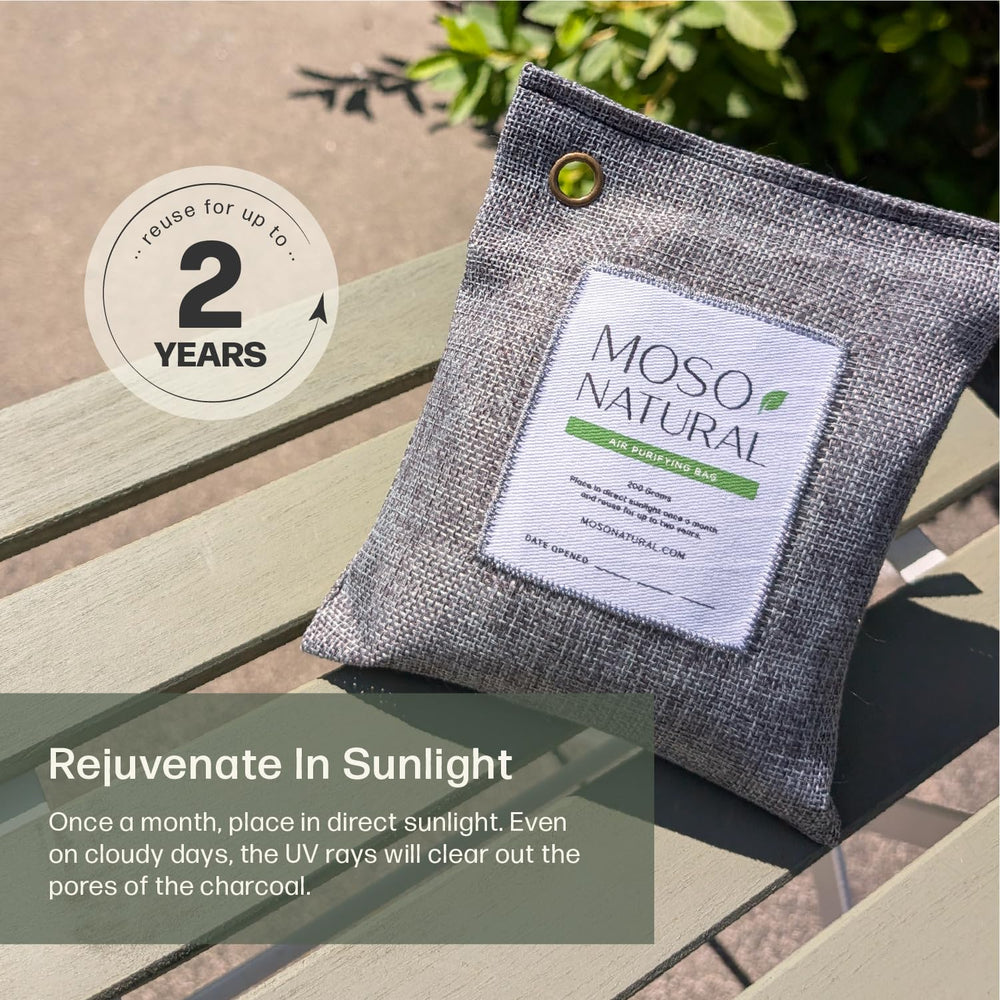 MOSO NATURAL bag on kitchen shelf demonstrating discreet home freshness