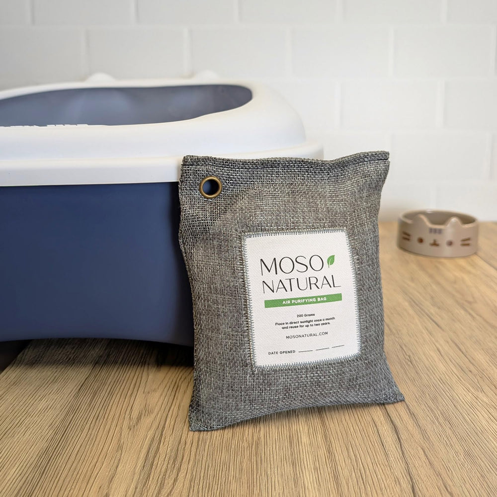 MOSO NATURAL bag placed near pet litter area controlling pet odors safely
