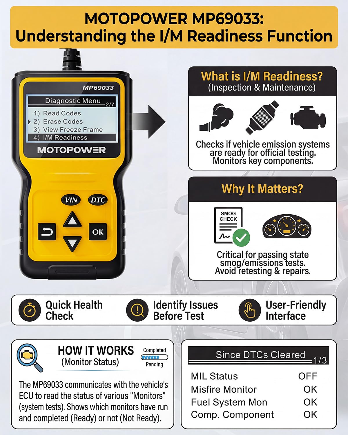 MOTOPOWER MP69033 LCD displaying contrast-adjusted readouts for clear code interpretation