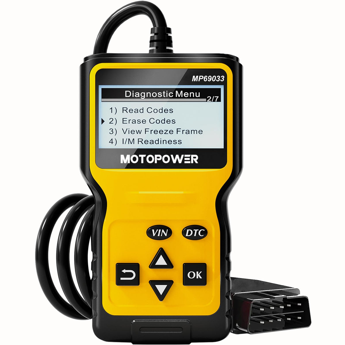 MOTOPOWER MP69033 front view showing yellow housing and buttons for quick diagnostics