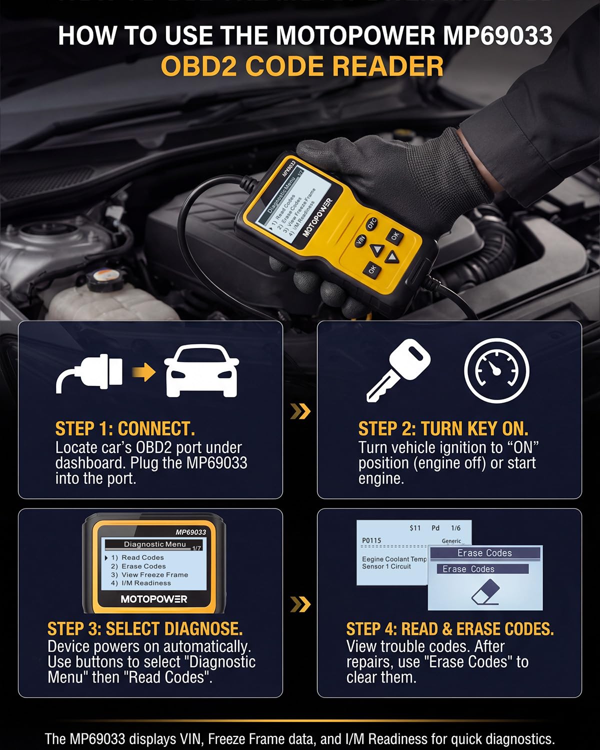 MOTOPOWER MP69033 close-up of 2.8 inch screen displaying live engine data for fast troubleshooting
