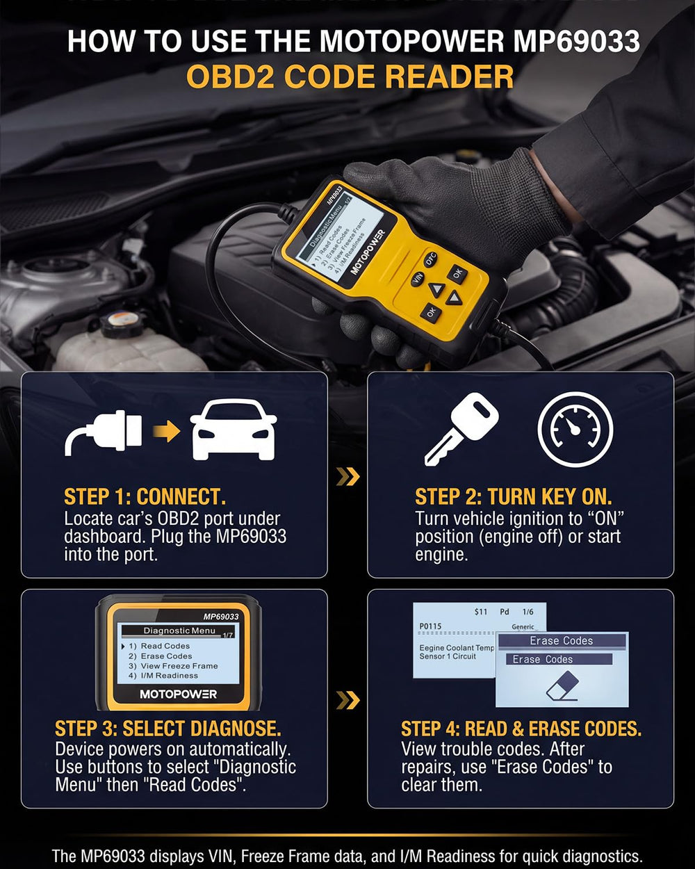 MOTOPOWER MP69033 close-up of 2.8 inch screen displaying live engine data for fast troubleshooting