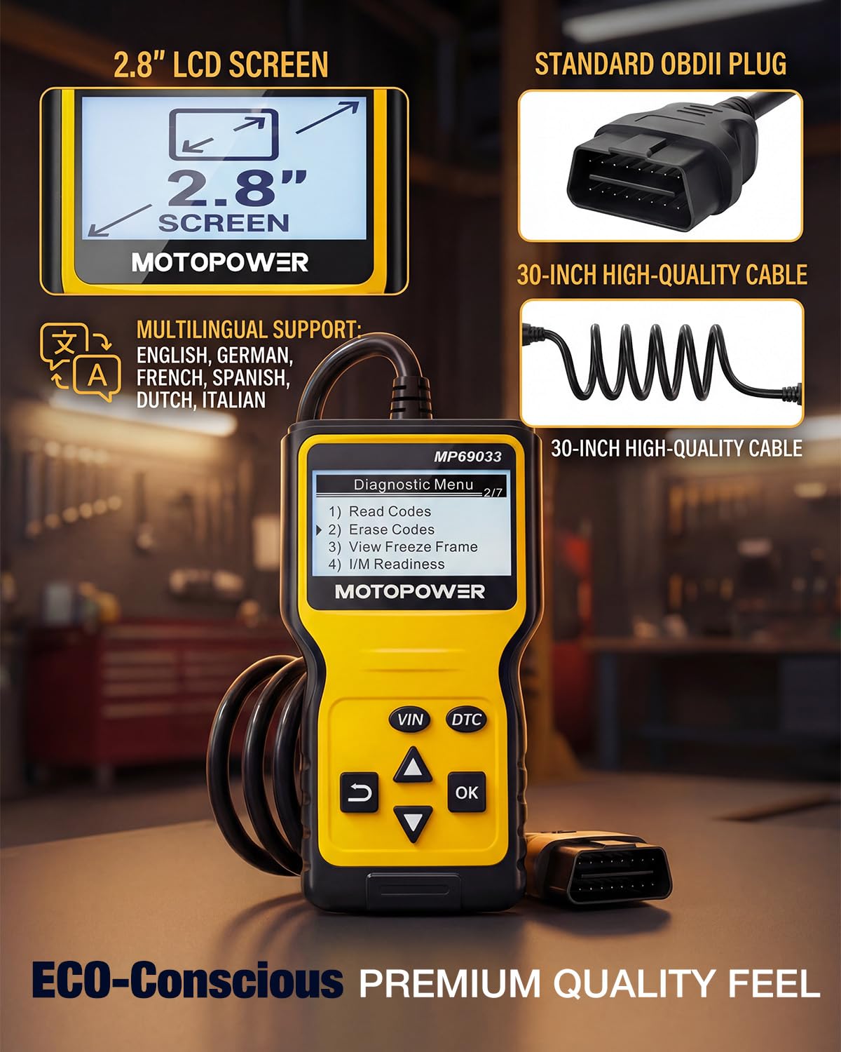 MOTOPOWER MP69033 next to smartphone for scale showing compact portable diagnostic tool advantage