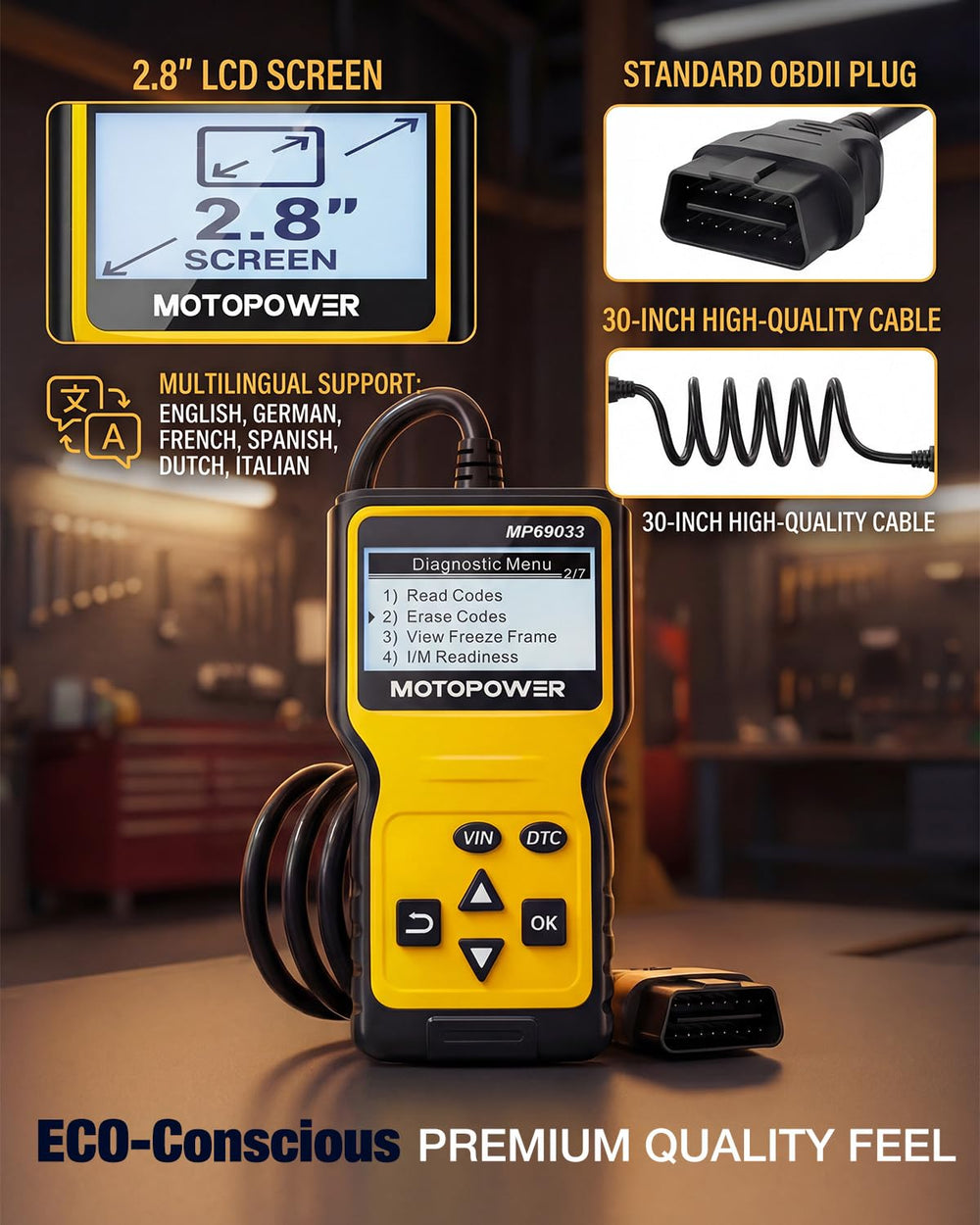 MOTOPOWER MP69033 next to smartphone for scale showing compact portable diagnostic tool advantage
