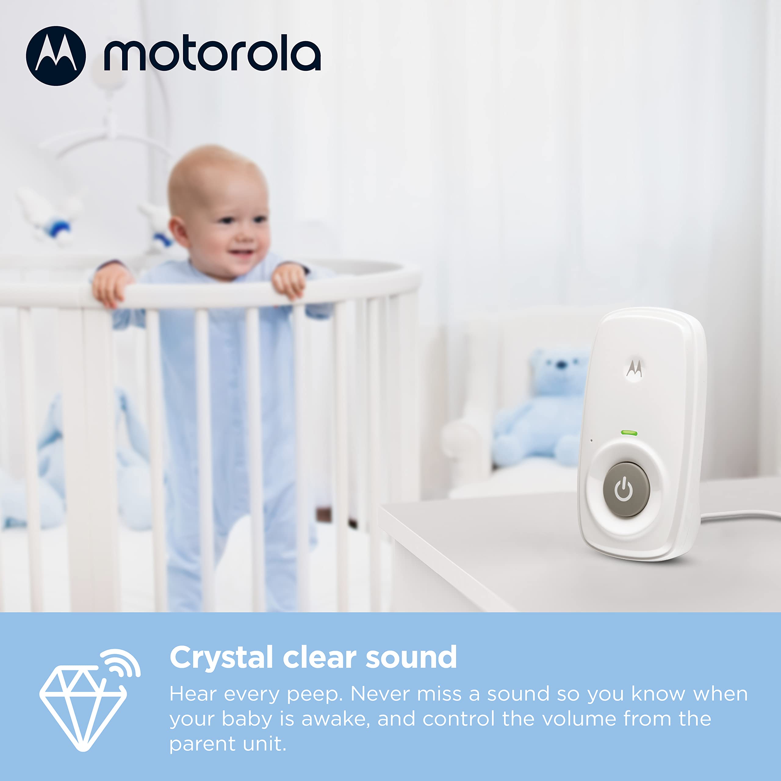 Motorola Nursery monitor set in nursery scene showing easy monitoring while moving around home