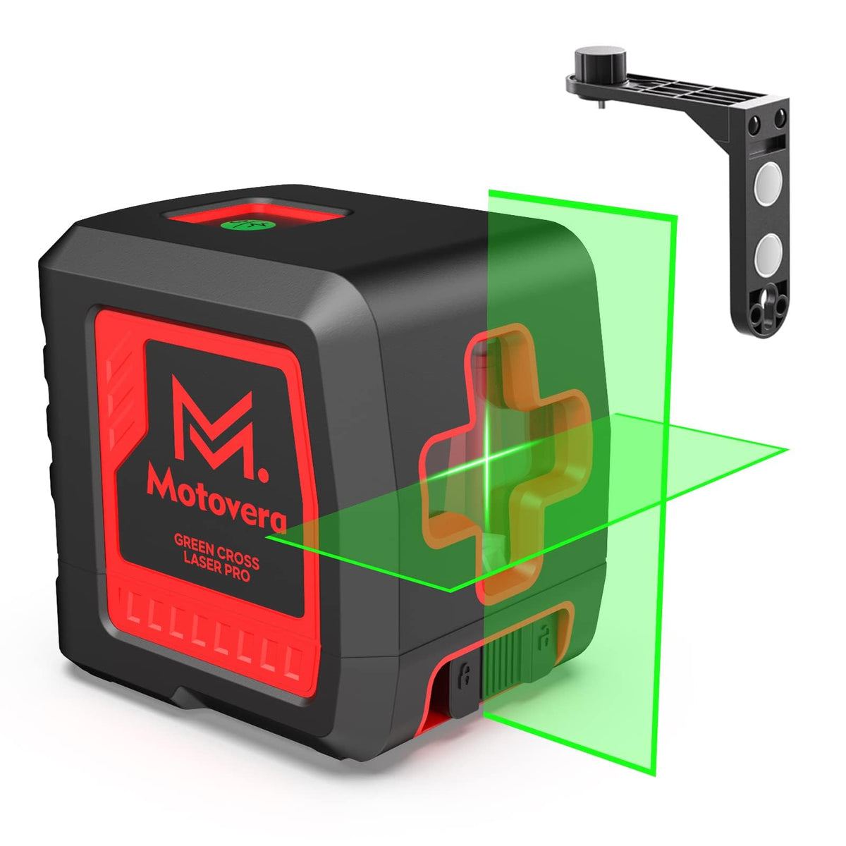 Motovera front view showing green beam and clear alignment benefit
