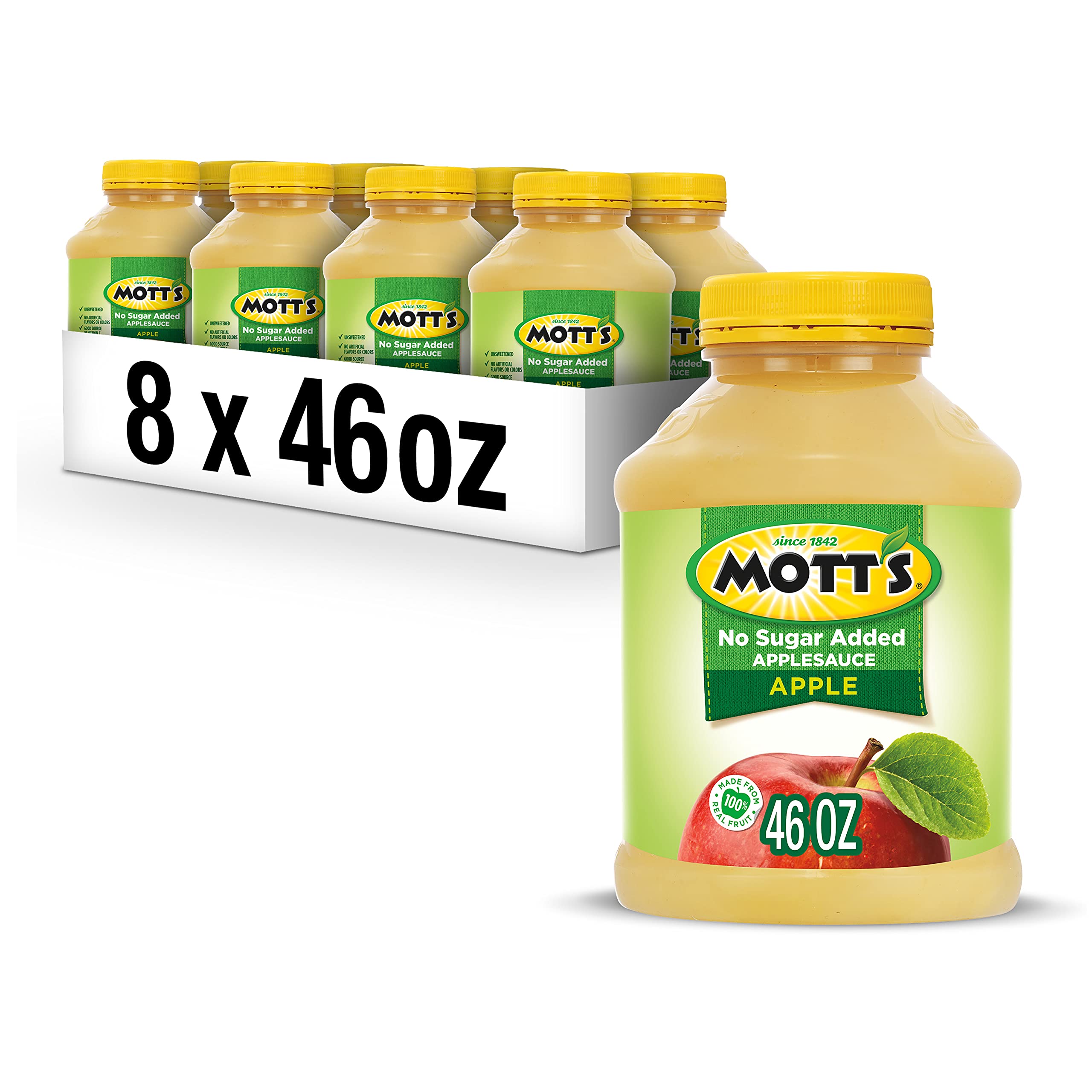 Mott's front-packaging showing 46 oz label and no sugar added benefit