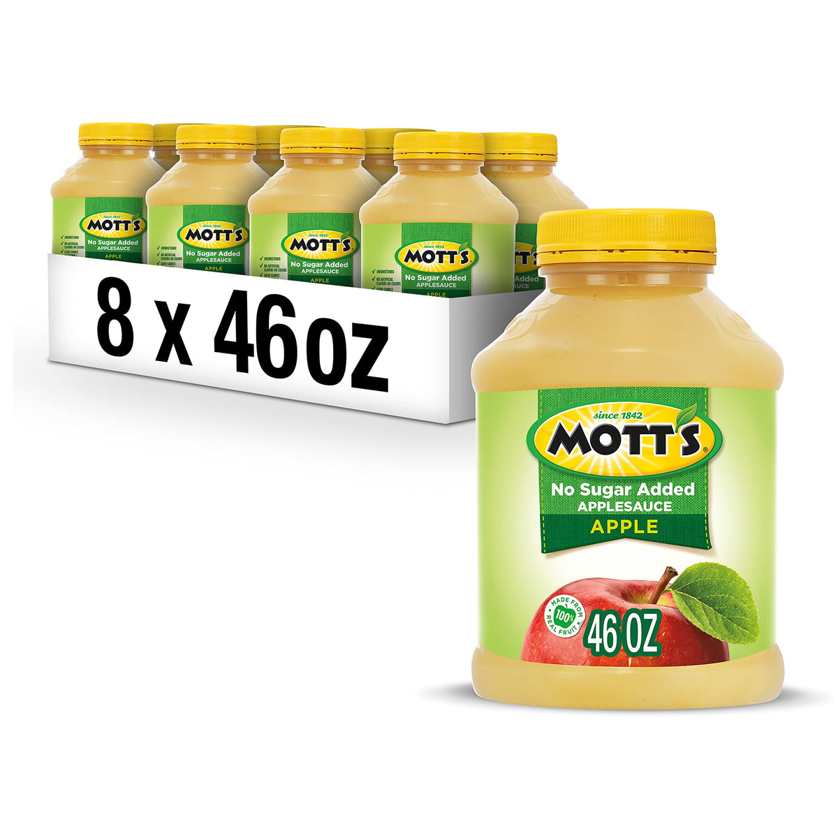 Mott's front-packaging showing 46 oz label and no sugar added benefit