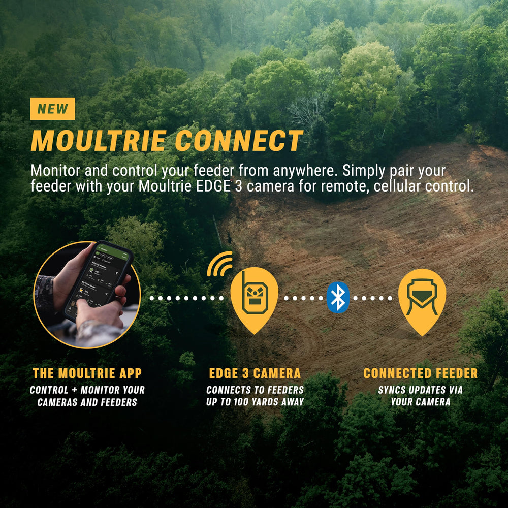 Moultrie EDGE 3 paired with Moultrie feeder demonstrating remote feed control convenience