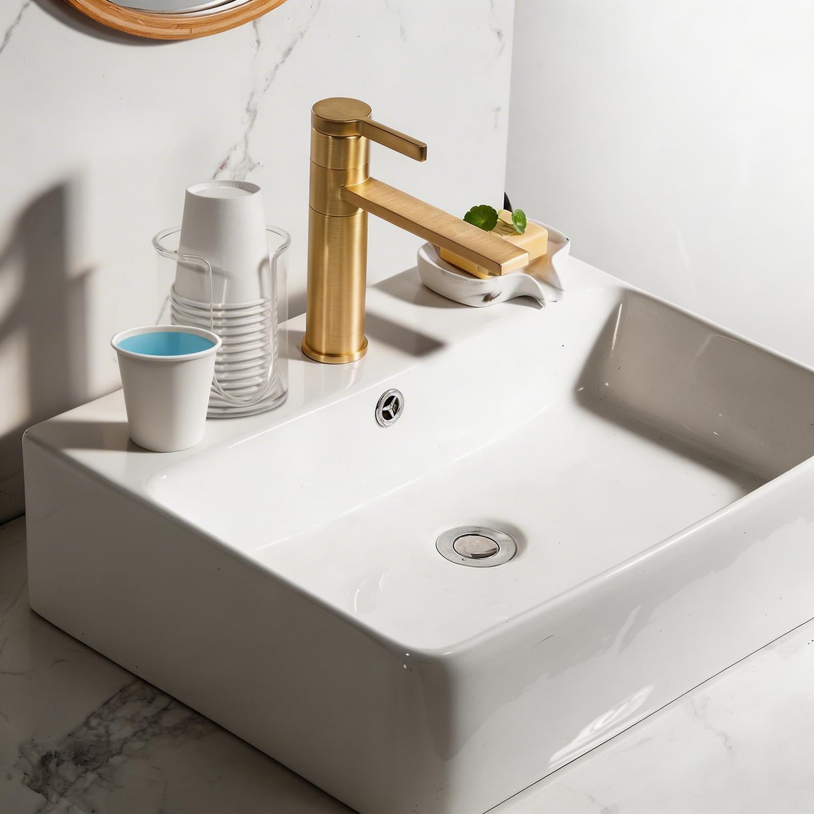 MOUMOULIFE cup in bathroom sink demonstrating convenient single-use rinsing
