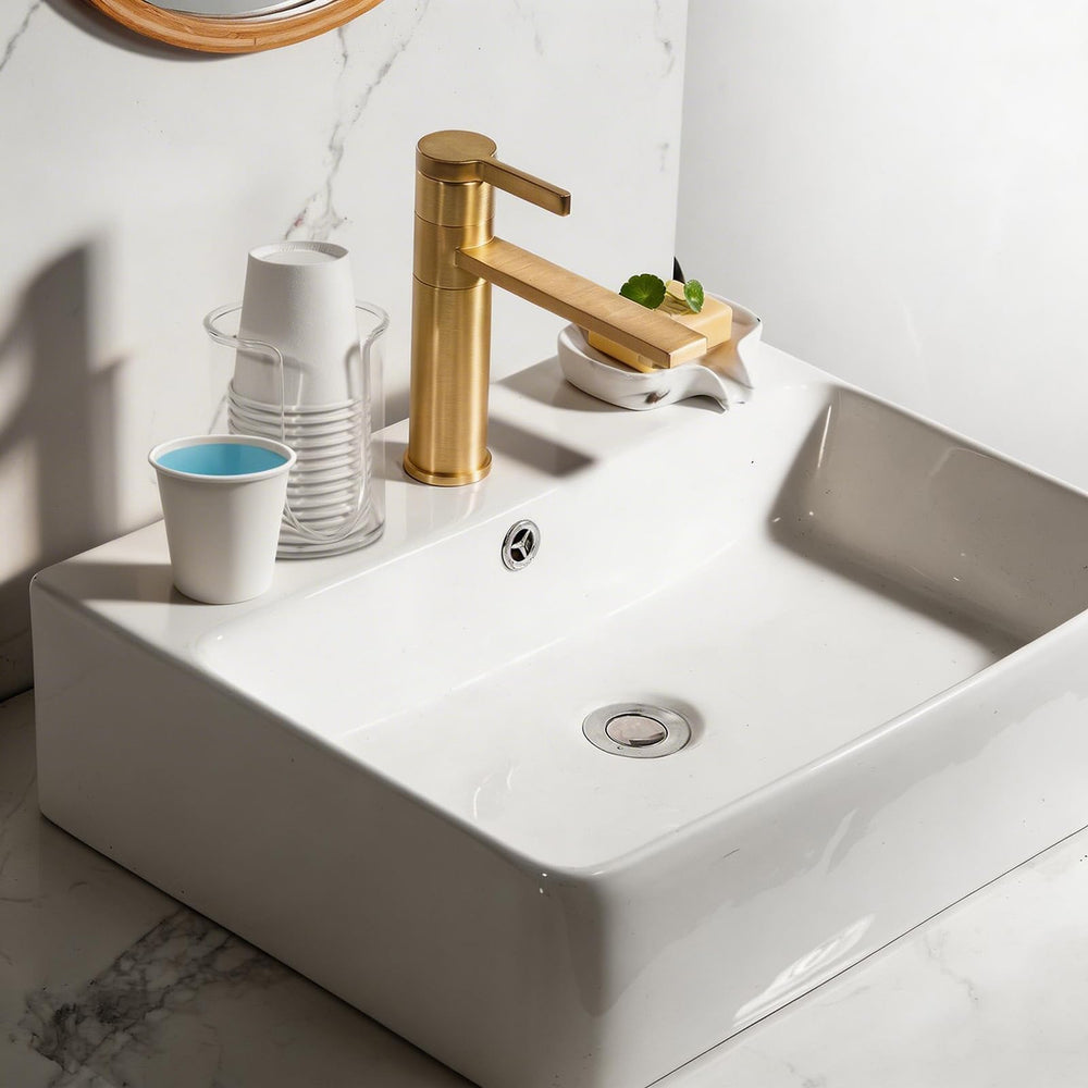 MOUMOULIFE cup in bathroom sink demonstrating convenient single-use rinsing