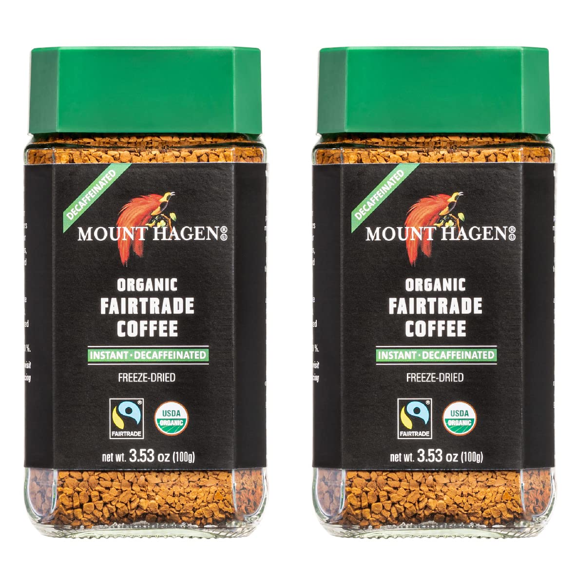 Mount Hagen decaf front packaging showing jar and brand for clear identification