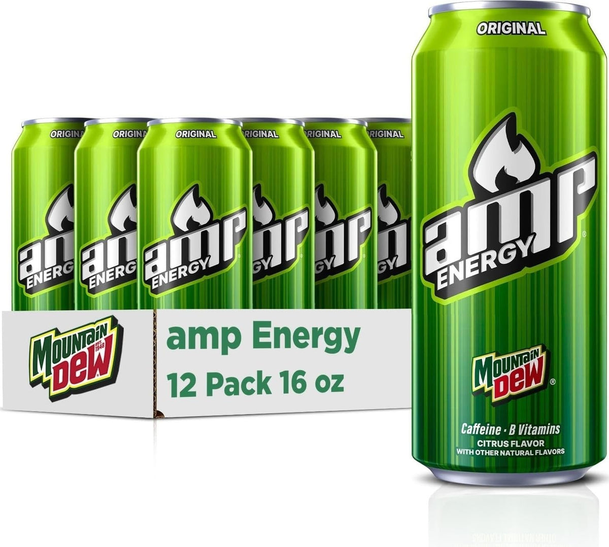 Mountain Dew AMP Original front pack showing bold citrus branding for easy identification and appeal