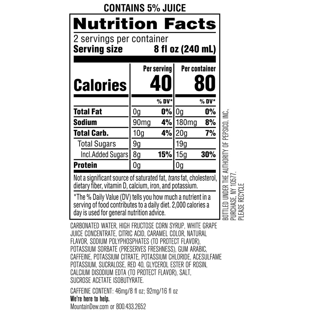 Close-up of a Mountain Dew Kickstart can label highlighting flavor and caffeine content