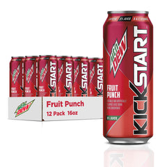 Mountain Dew Kickstart front can view showing Fruit Punch branding and vibrant color benefits quick recognition
