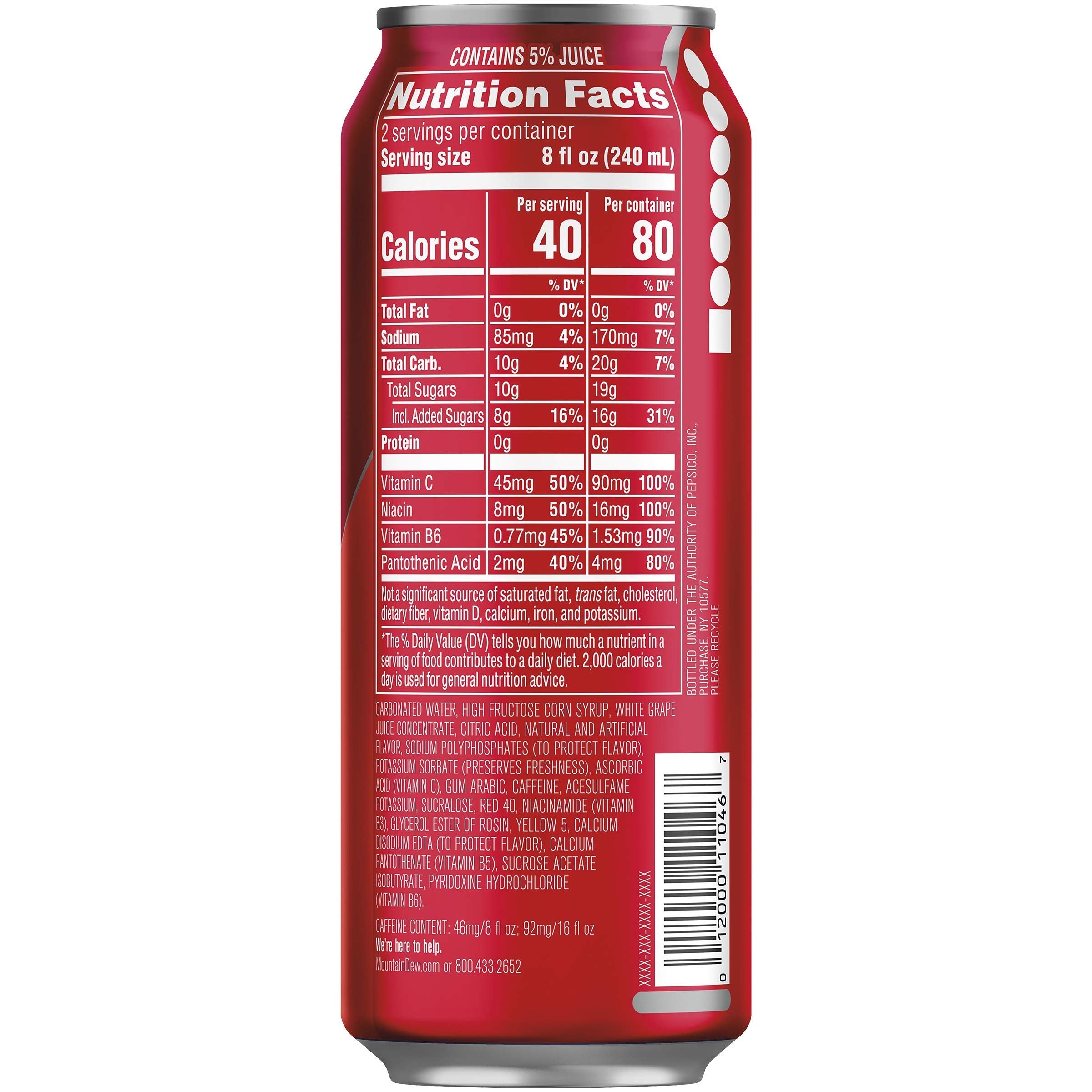 Close-up of Mountain Dew Kickstart label highlighting ingredients and vitamins for informed choice